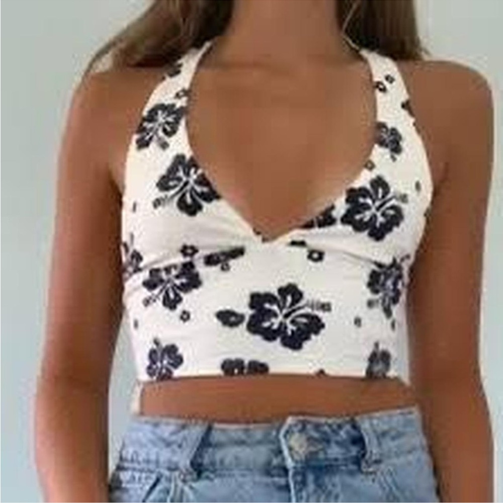 Garage White and Blue Fitted Crop Tank Top